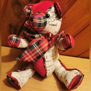 Red Velvet Plaid & Canvas Fabric Bear with Sleigh Bell